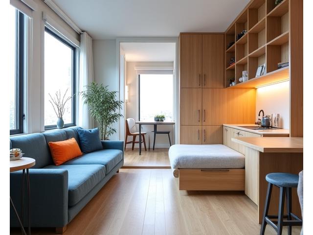 Optimized micro-apartment living space with multi-functional furniture